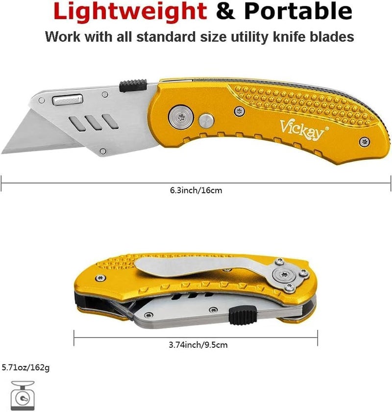 Vickay Folding Utility Knife Box Cutter Utility Blades Heavy Duty with 5 SK5 Quick Change Blades, Safety Axis Lock Design Razor Knife, Lightweight Aluminum Body Belt Clip for Office (yellow) - Image 2